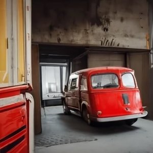 Red truck van parked inside empty garage