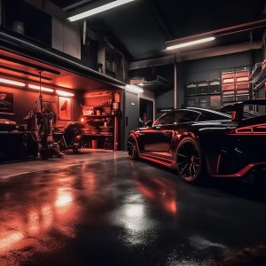 Black car inside body shop garage