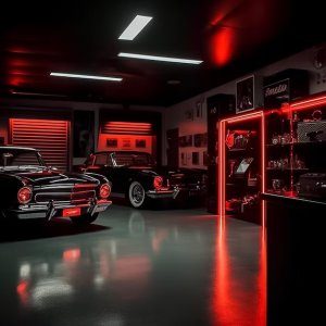 Black cars in garage with red lights