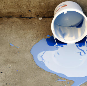 white paint bucket spilling blue paint on sidewalk