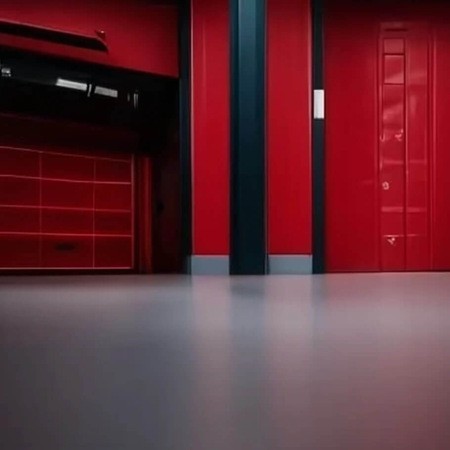 Red Walls with Garage Door and Gray Epoxy Floor Coating