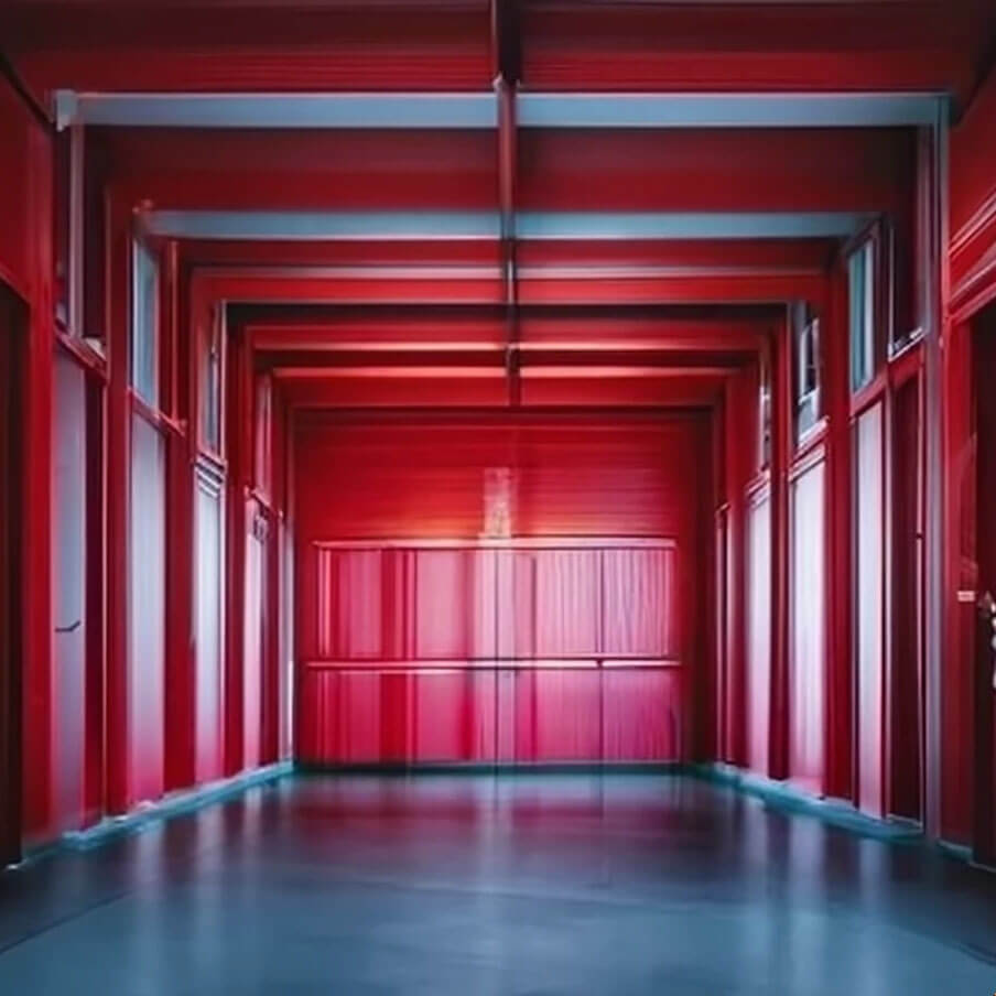 Red Hallway with Gray Epoxy Floors